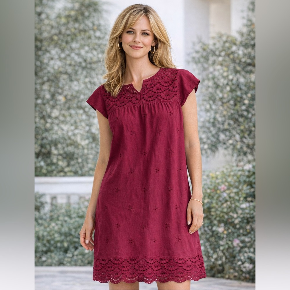 Wine Red Eyelet Mini Dress L Boho Scalloped Hem Embroidered Summer - Picture 7 of 7